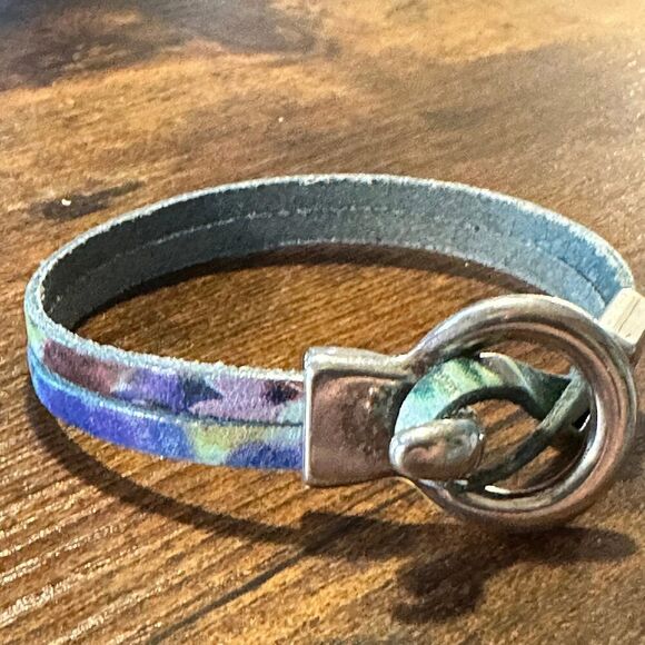 Leather Watercolor Teal Hippie Bracelet, Double Wrap, Belt Buckle Silver Clasp, - Picture 1 of 10